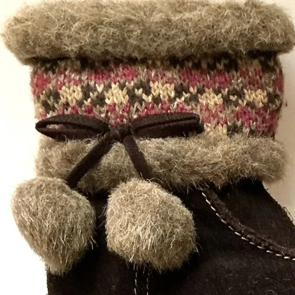 Cherokee Toddler Girls Winter Boots Size 6 Brown Suede Fair Isle Pom -Pom